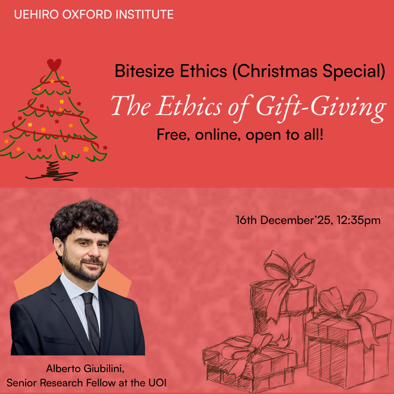 Text and image of Alberto Giubilini on a red background with Christmas design elements