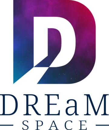 DREaM Space logo, a stylised graphic of a capital letter D in blues and pinks with a shaded element representing an open door with the text 'dream space; below
