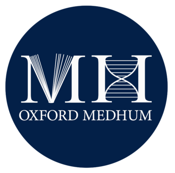 Mh chosen logo circle with name resized Oxford Medical Humanities logo with stylised M and H in a dark blue circle