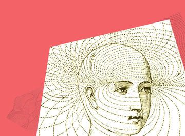 old archival image of dotted psychology field lines around a head on a red background