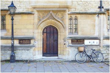 St Cross Doorway St Cross College Oxford, main doorway with a bicycle beside it