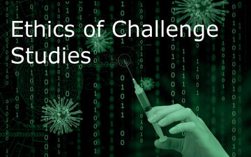 Vaccination challenge study text hand holding vaccine syringe with genetic code and viruses in background