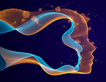 orange and blue wavy lines representing a digital face on a dark blue background